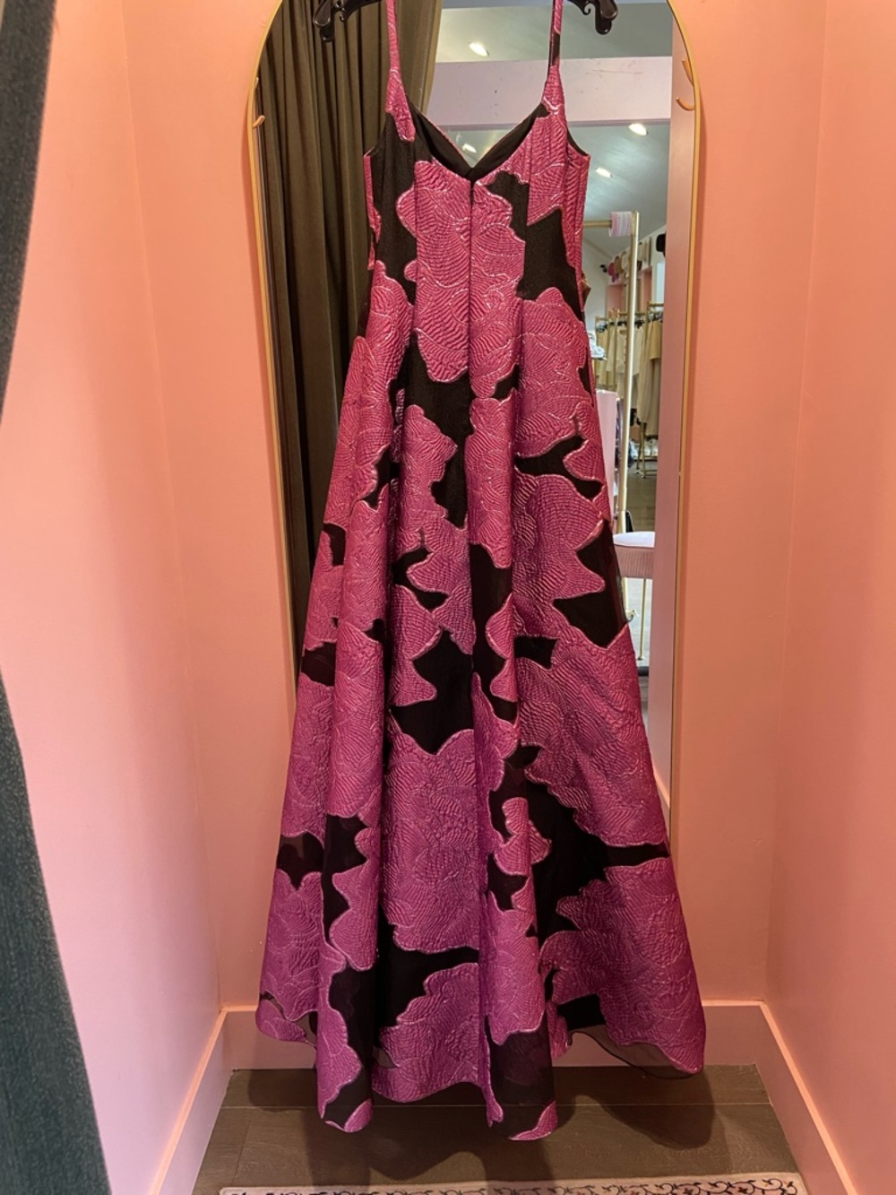 Monique Lhuillier Pink and Black Floral Jacquard Spaghetti-Strap Gown - Picture 5 of 5